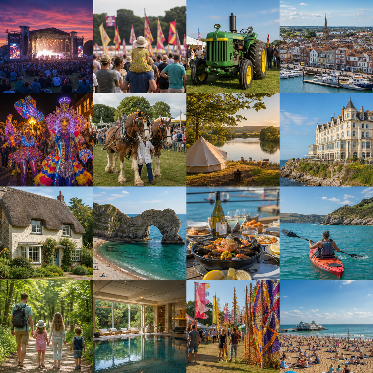 A collage of Dorset events, attractions, hospitality, food and outdoor experiences